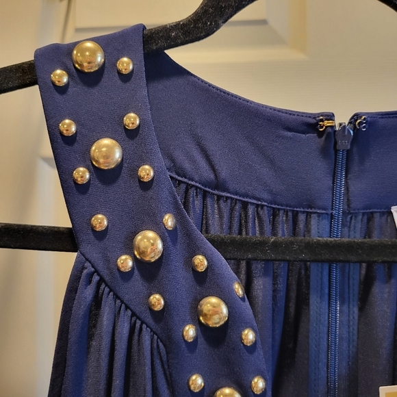 MICHAEL Michael Kors Split Neck Dome Studded Band Mini Dress Navy Gold Sz Large - Picture 5 of 7